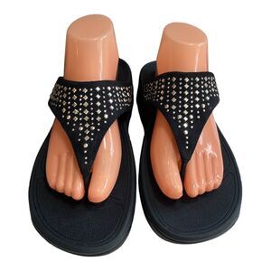 FitFlop Navy Suede Studded Wedge Sandals US9 EU41 Thong Slide Microwobbleboard